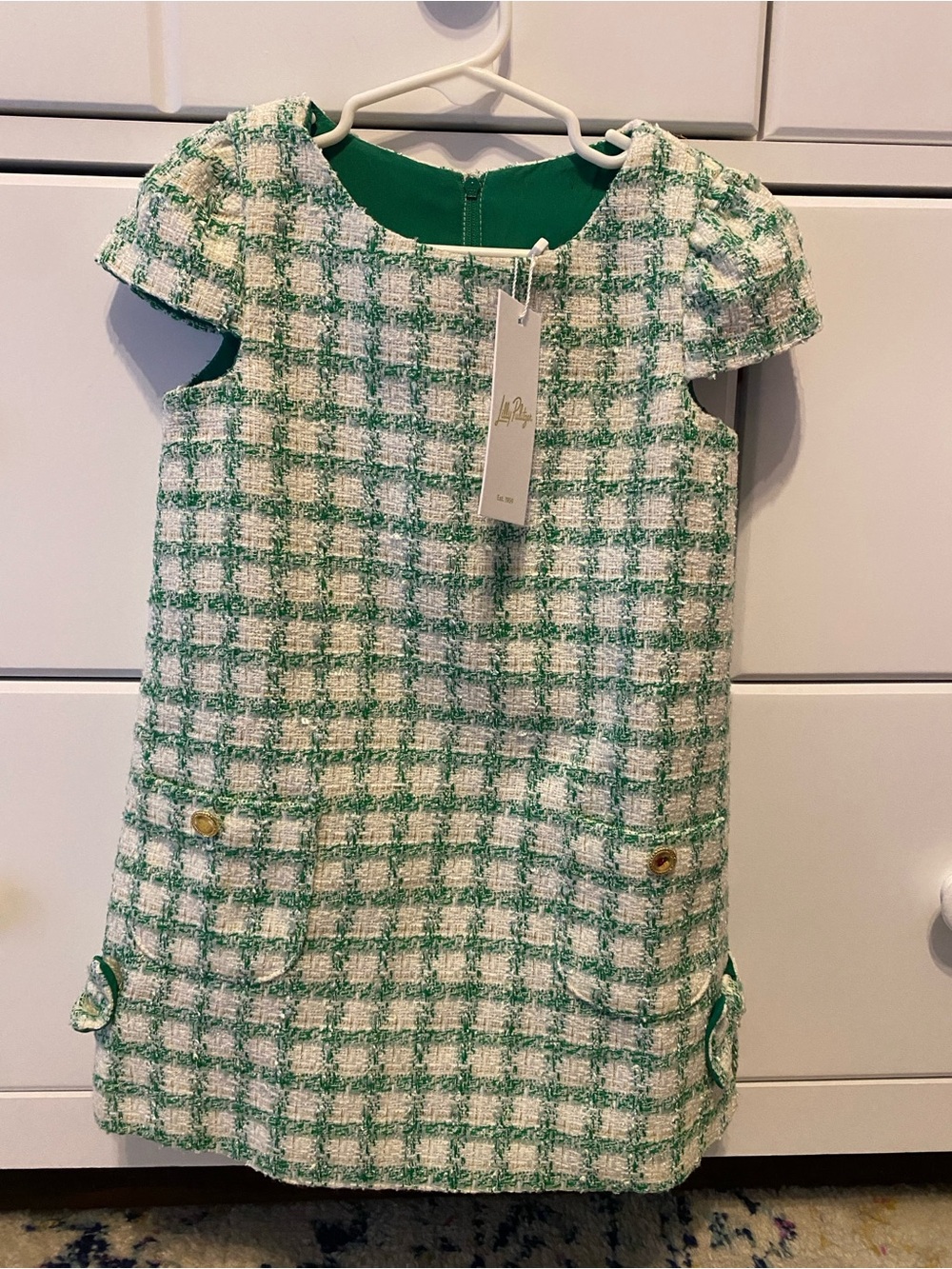 Lilly Pulitzer Green and White Tweed Check Shift Dress / Size 4 / NWT